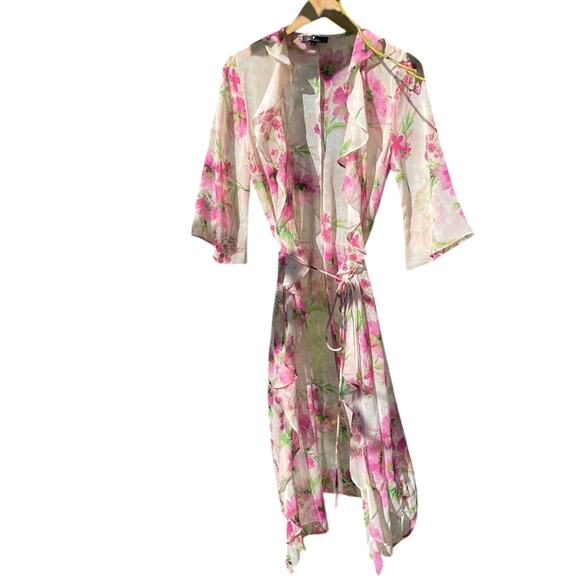 Lulu’s | Floral Tie Dress Robe Duster Sheer Pink - Picture 2 of 9